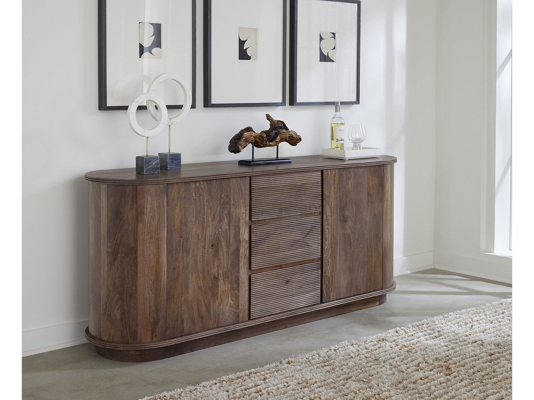 Liyana Solid Wood Three Drawer Two Door Sideboard in Natural Tan - Ornate Home