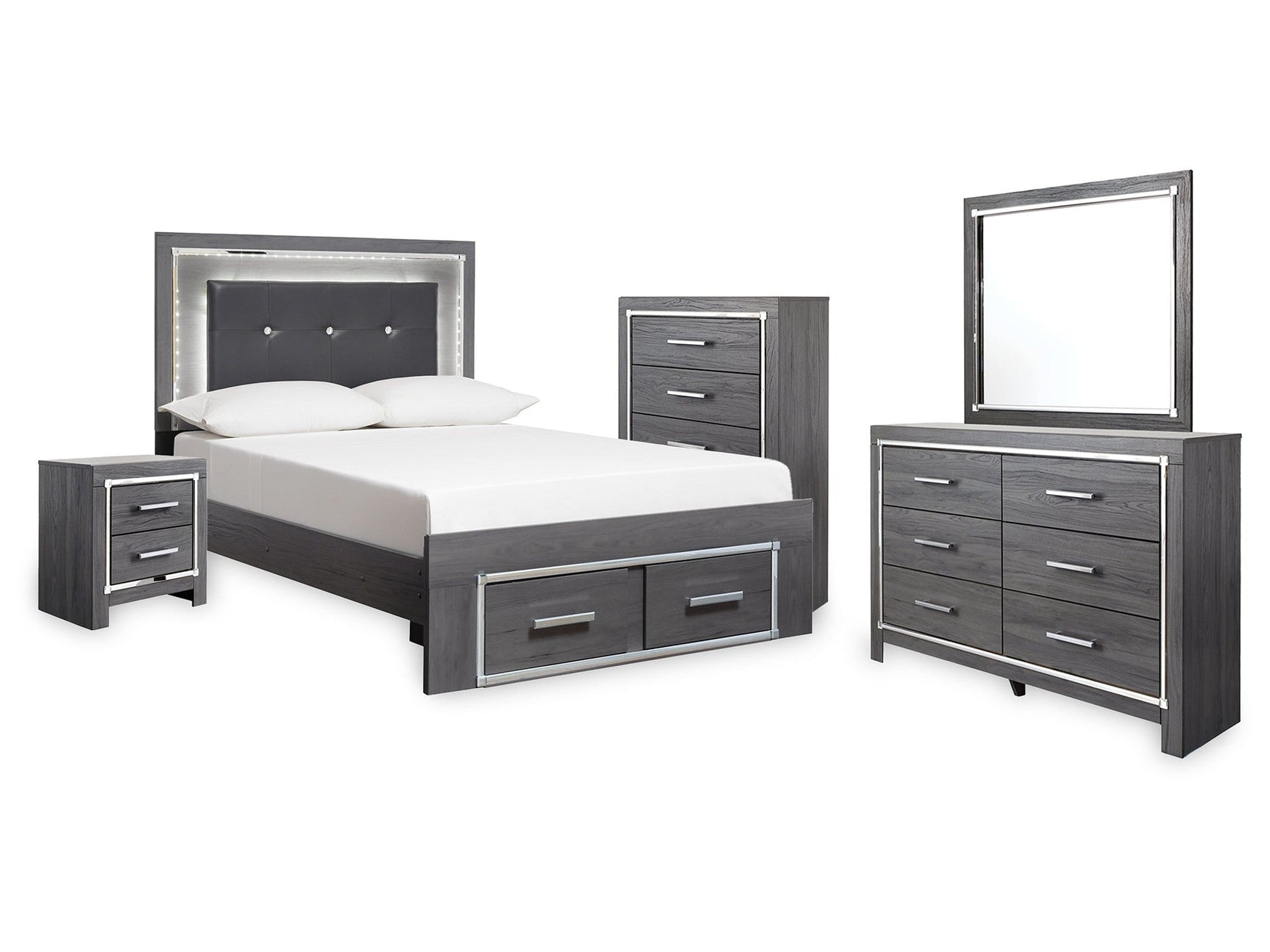 Lodanna Gray Full Storage Bedroom Set with Dresser, Mirror, Chest and Nightstand (Online Special Price) - Ornate Home