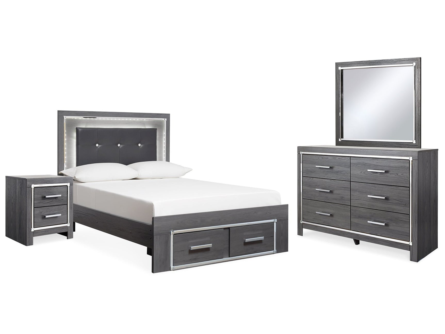 Lodanna Gray Full Upholstered Panel Storage Bedroom Set with Dresser, Mirror, and Nightstand (Online Special Price) - Ornate Home