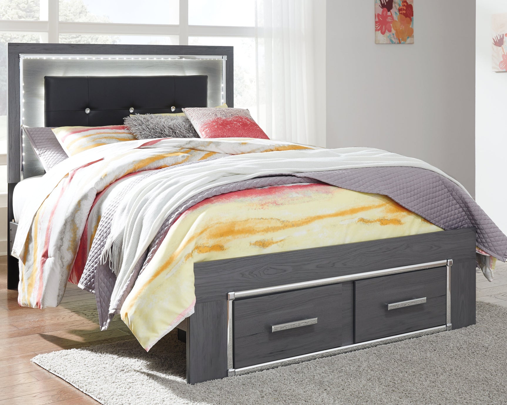 Lodanna Gray Full Upholstered Panel Storage Bedroom Set with Dresser, Mirror, and Nightstand - Ornate Home