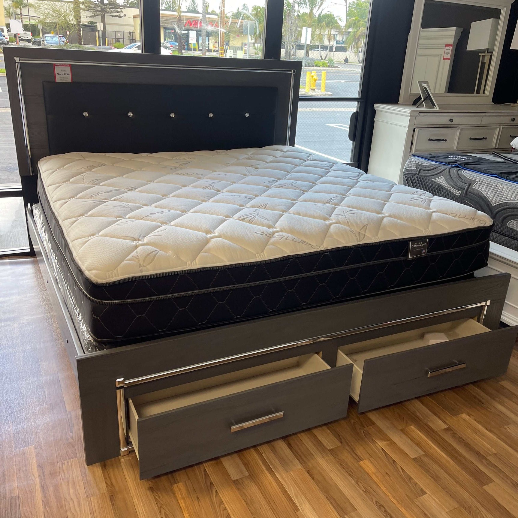 Lodanna Gray King Panel Bed w/ FB Storage & LED - Ornate Home