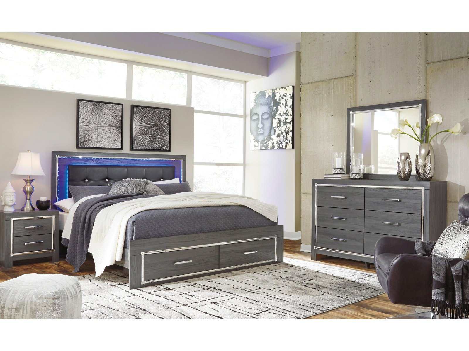 Lodanna Gray King Panel Bed w/ LED & Storage FB Bedroom Set / 4pc (Online Special Price) - Ornate Home