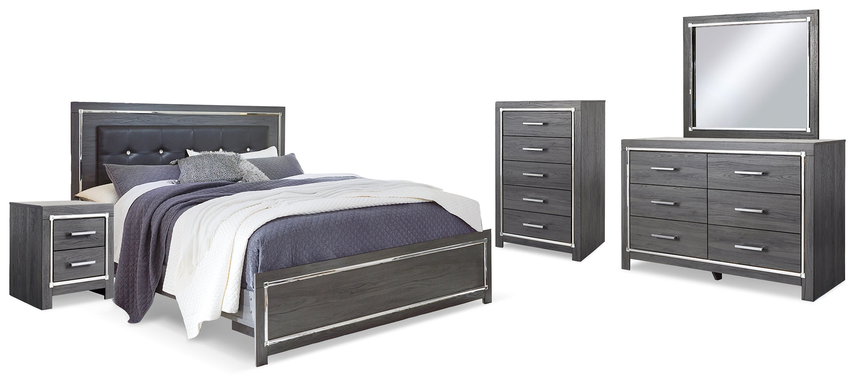 Lodanna Gray King Panel Bedroom Set with Dresser, Mirror, Chest and 2 Nightstands - Ornate Home