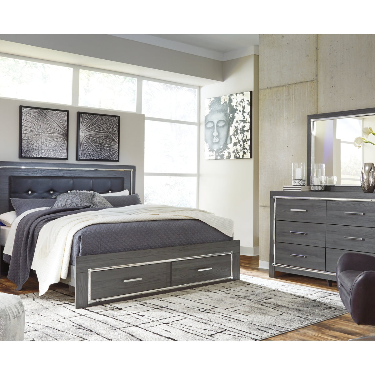 slim fit dress slacks Ashley Furniture Lodanna Gray King Panel Storage Bedroom Set with Mirrored Dresser and Nightstand