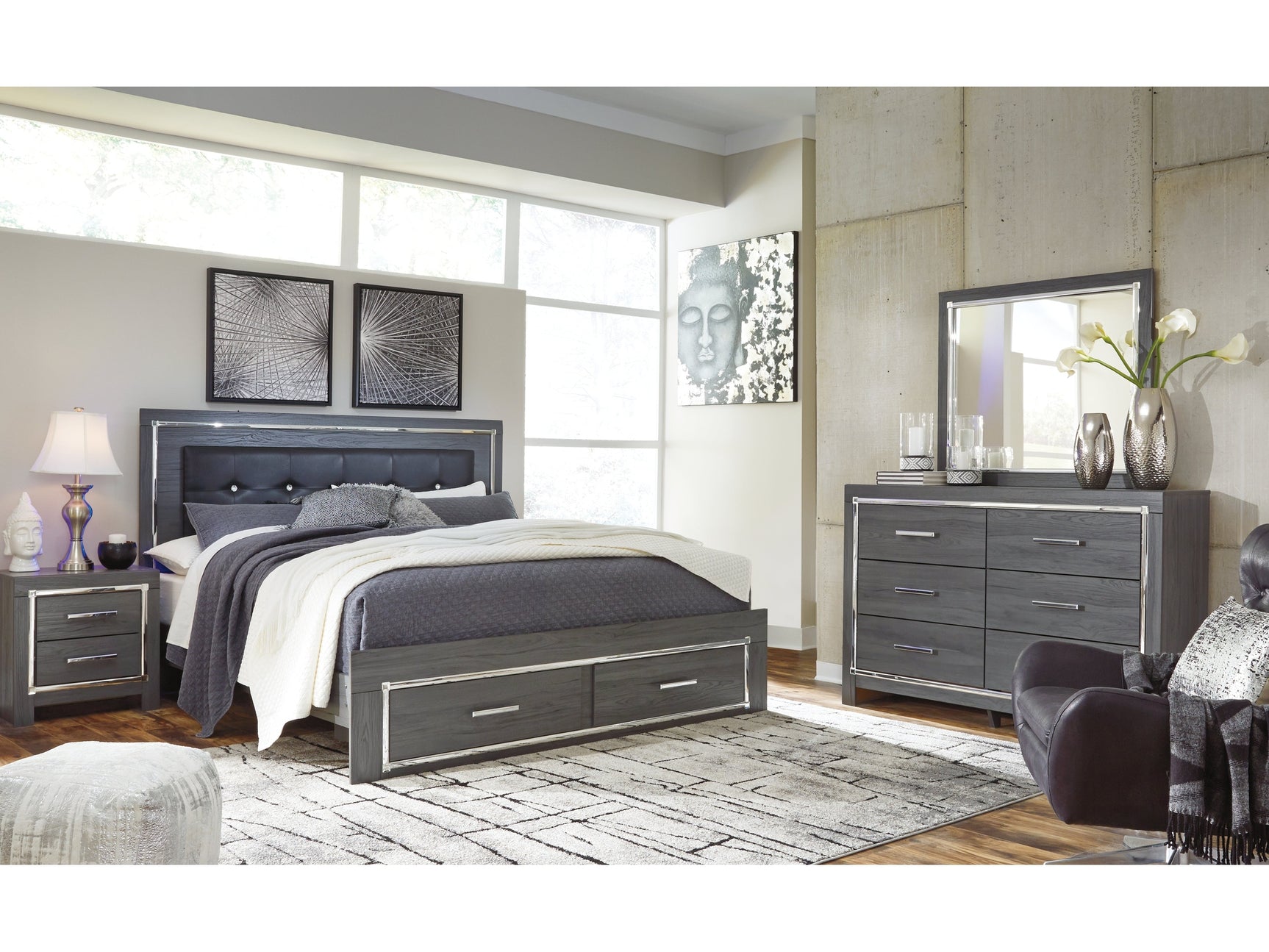 Lodanna Gray King Panel Storage Bedroom Set with Mirrored Dresser and Nightstand - Ornate Home