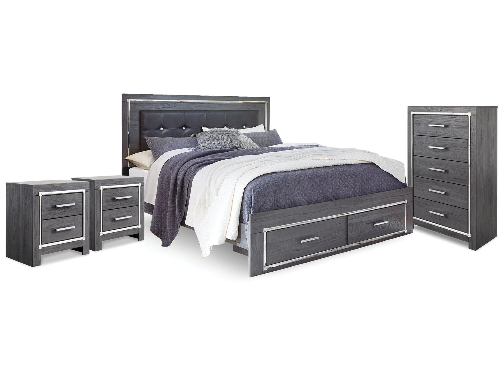 Lodanna Gray King Storage Bedroom Set with Chest and 2 Nightstands - Ornate Home