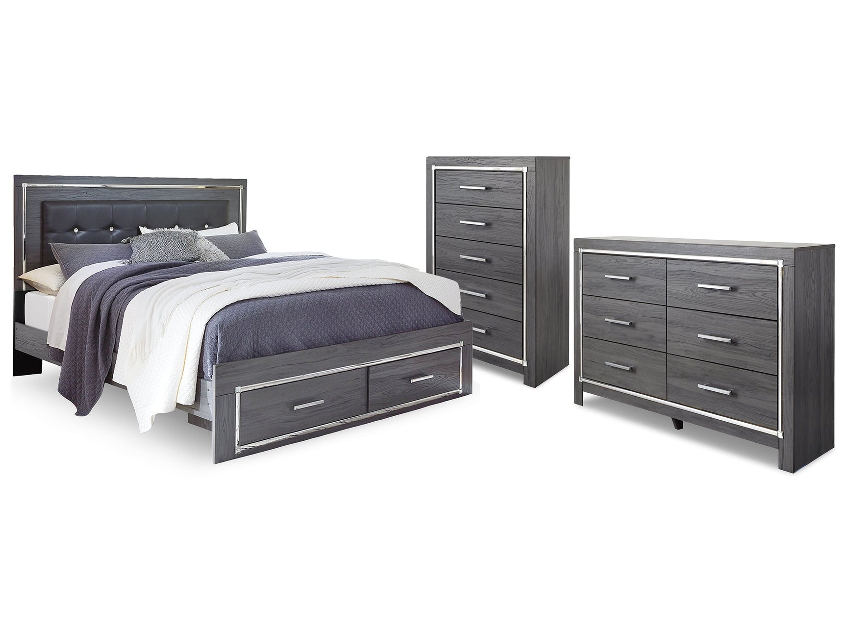Lodanna Gray King Storage Bedroom Set with Dresser and Chest - Ornate Home
