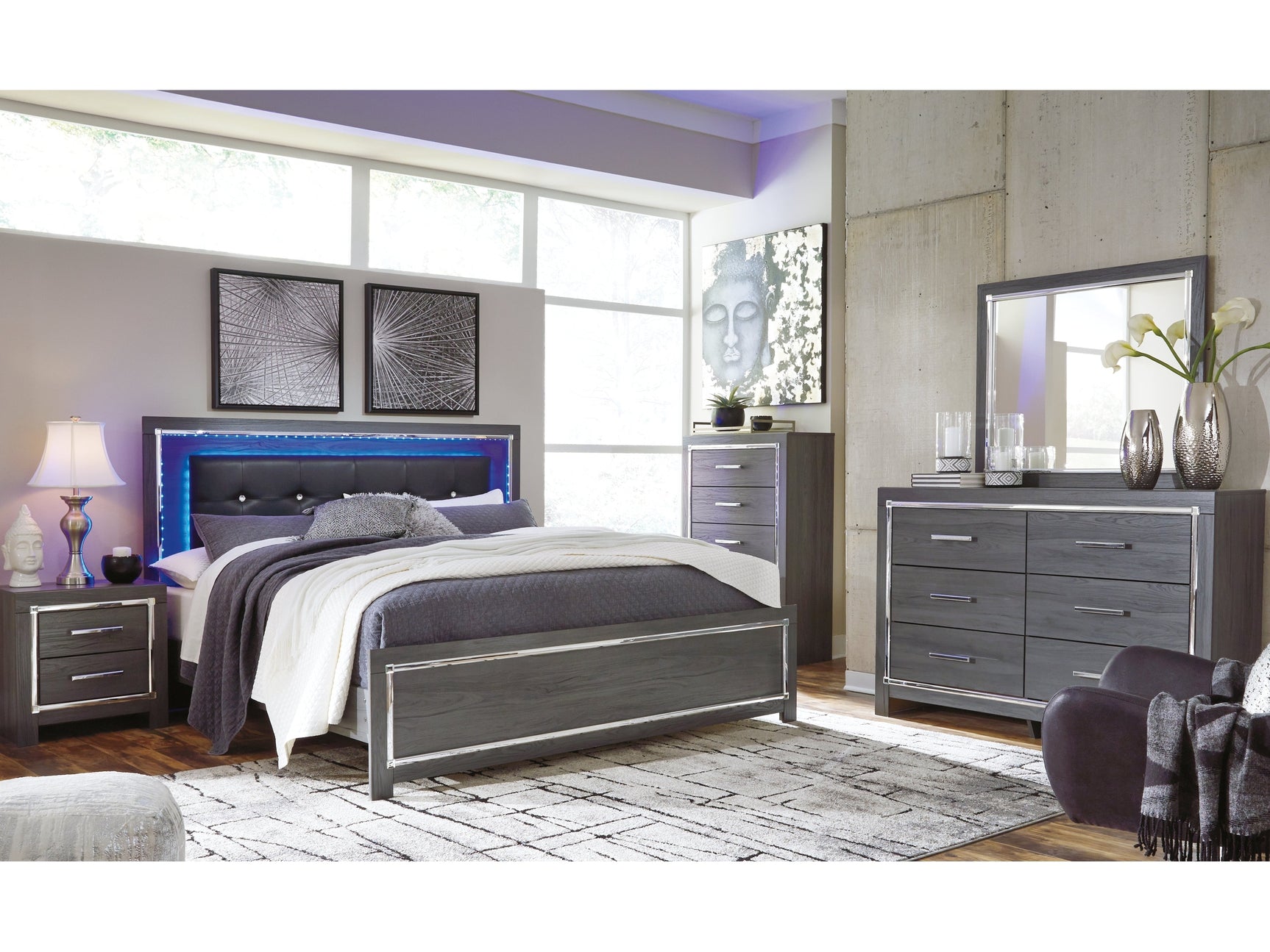 Lodanna Gray King Upholstered Panel Bedroom Set with Dresser, Chest and 2 Nightstands - Ornate Home