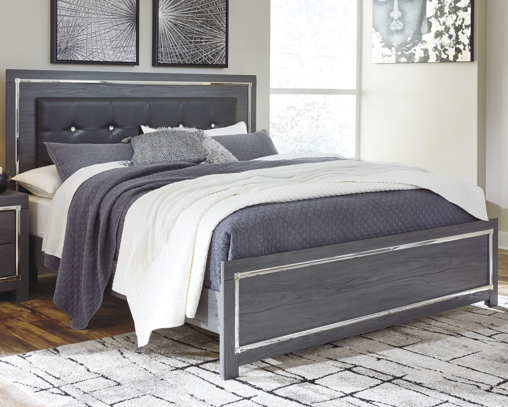 Lodanna Gray King Upholstered Panel Bedroom Set with Dresser, Chest and 2 Nightstands - Ornate Home
