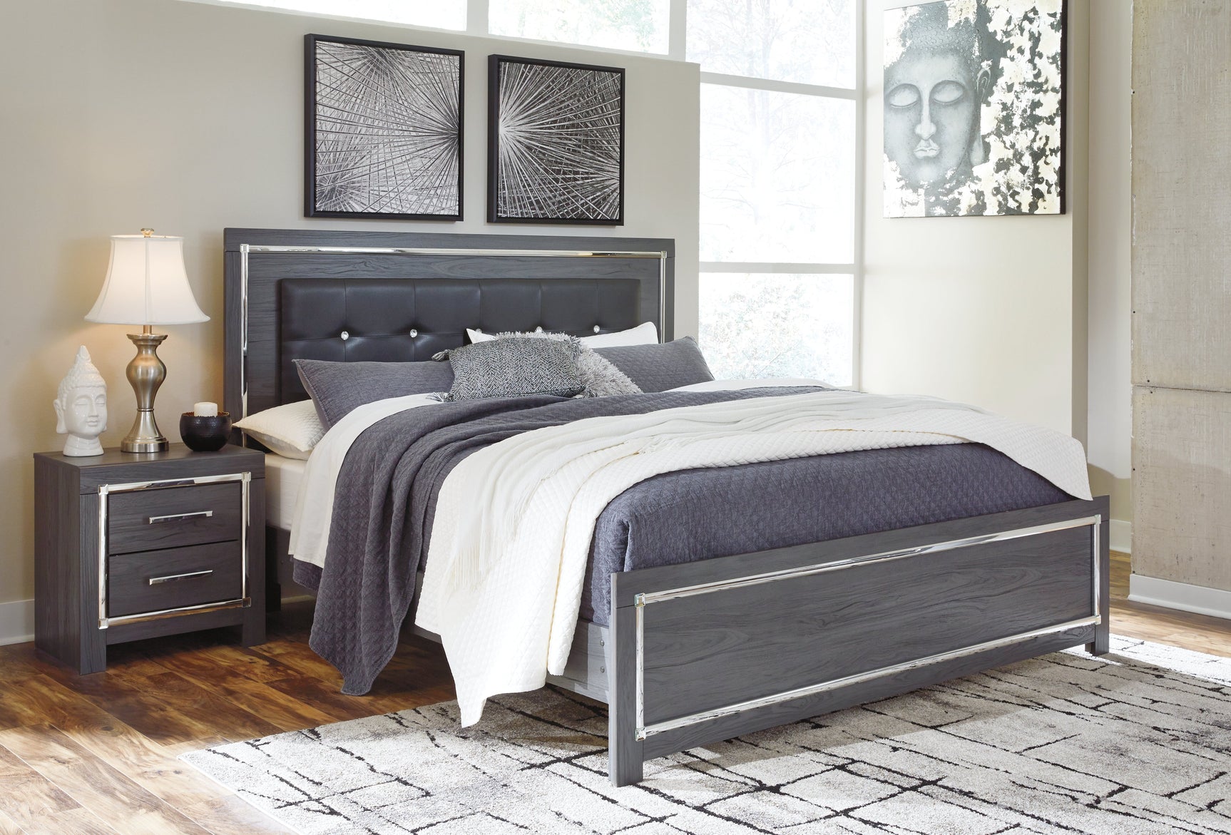 Lodanna Gray King Upholstered Panel Bedroom Set with Dresser and Nightstand - Ornate Home
