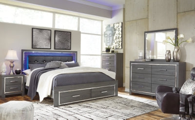 Lodanna Gray King Upholstered Storage Bedroom Set with Dresser, Mirror, Chest and 2 Nightstands (Online Special Price) - Ornate Home