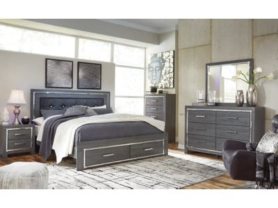 Lodanna Gray King Upholstered Storage Bedroom Set with Dresser, Mirror, Chest and 2 Nightstands - Ornate Home