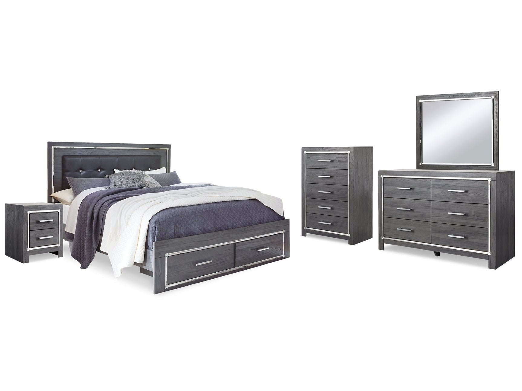 Lodanna Gray King Upholstered Storage Bedroom Set with Dresser, Mirror, Chest and Nightstand (Online Special Price) - Ornate Home