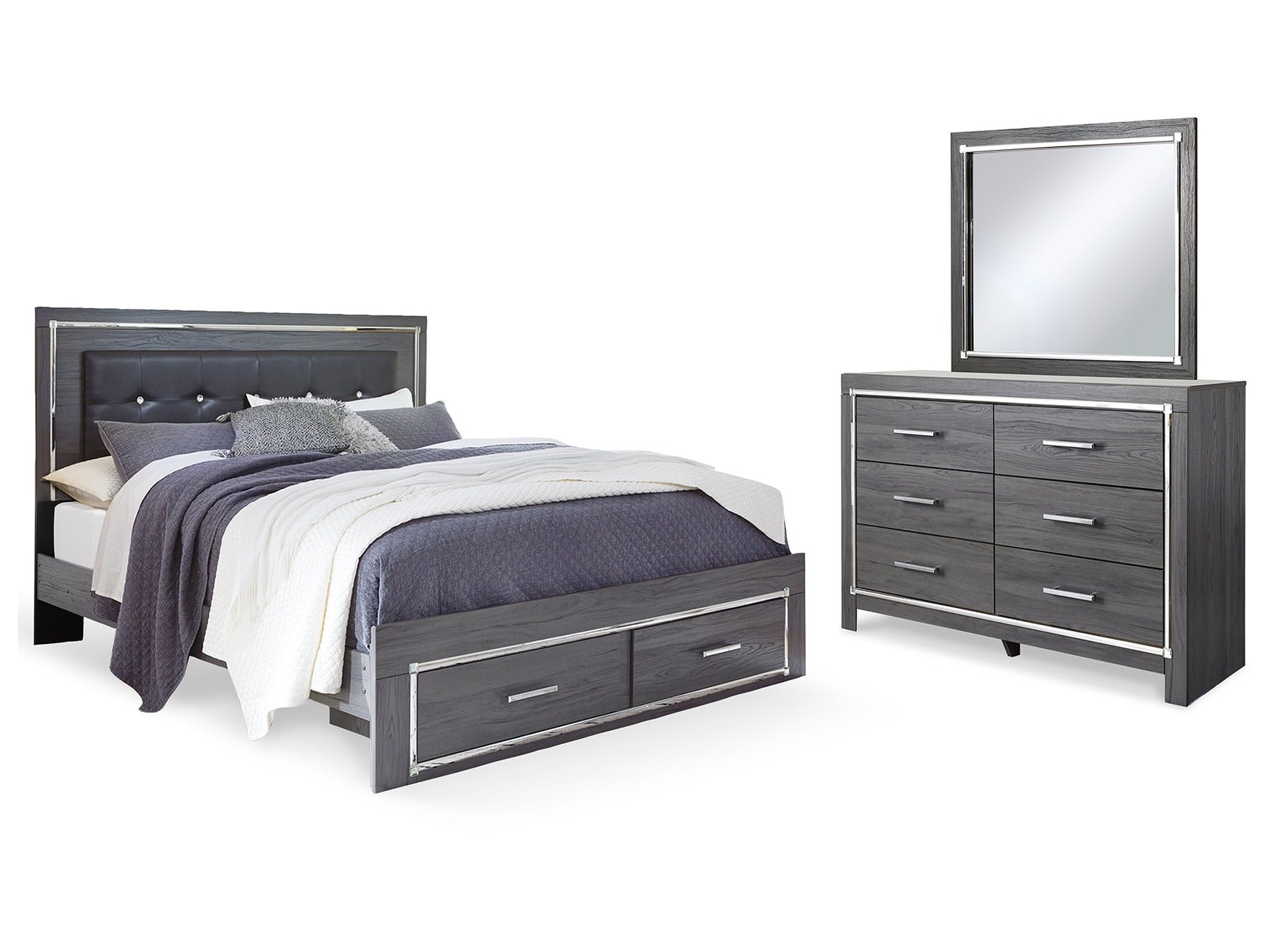 Lodanna Gray King Upholstered Storage Bedroom Set with Dresser and Mirror - Ornate Home