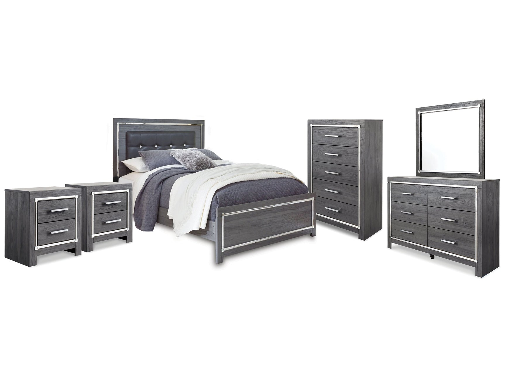 Lodanna Gray Queen Panel Bed & Dresser & Mirror & Chest & 2 Nightstands - Ornate Home
