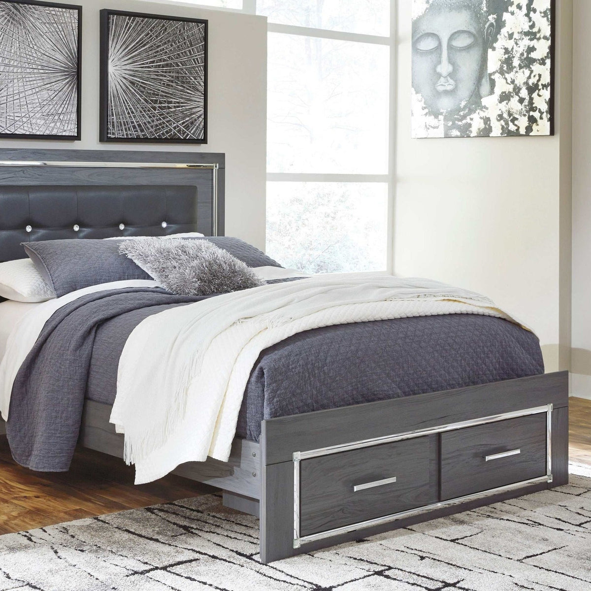 Ashley Furniture Lodanna Gray Queen Panel Bed w/ LED & 2 Storage ...