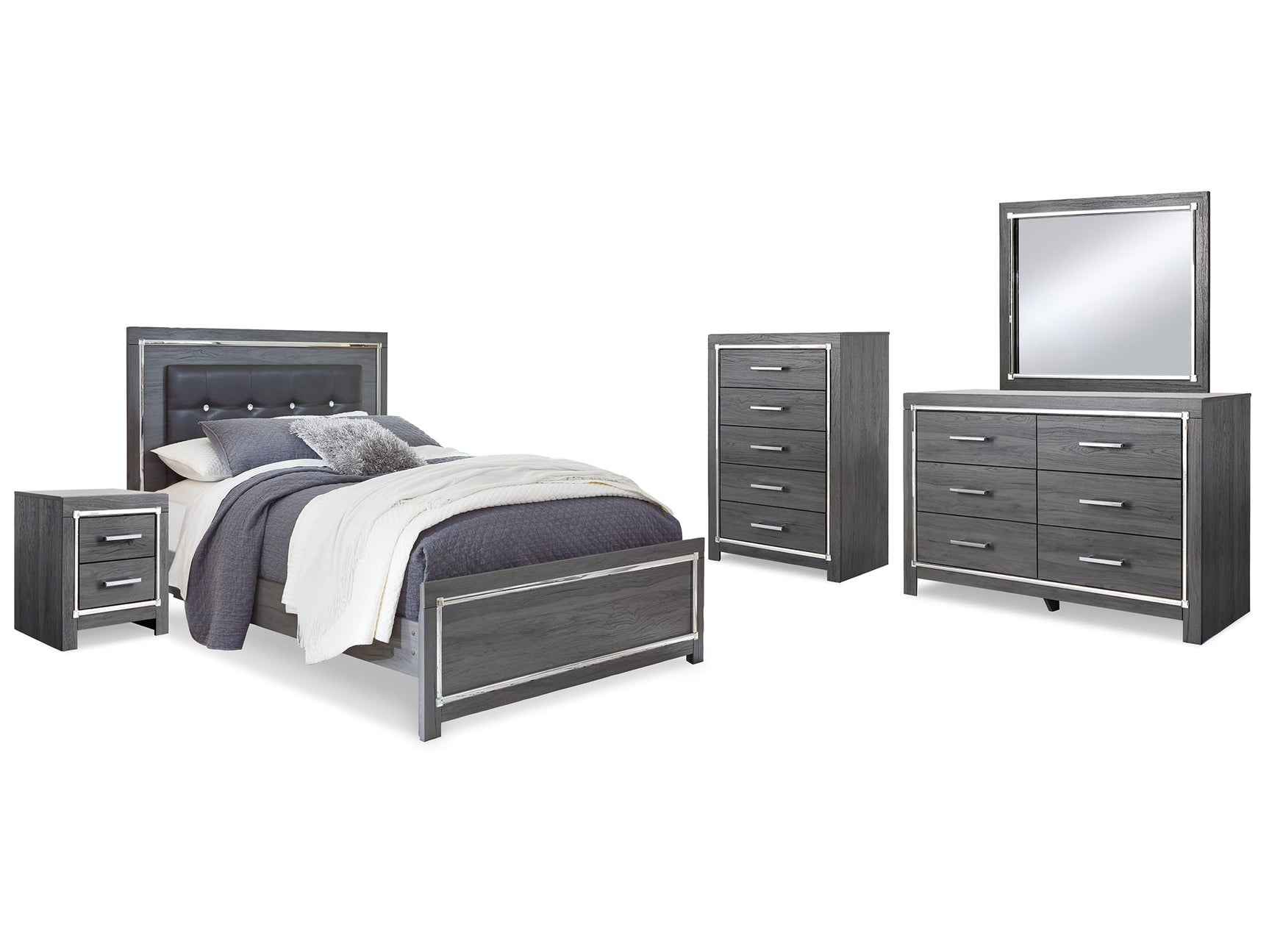Lodanna Gray Queen Panel Bedroom Set with Dresser, Mirror, Chest and Nightstand - Ornate Home