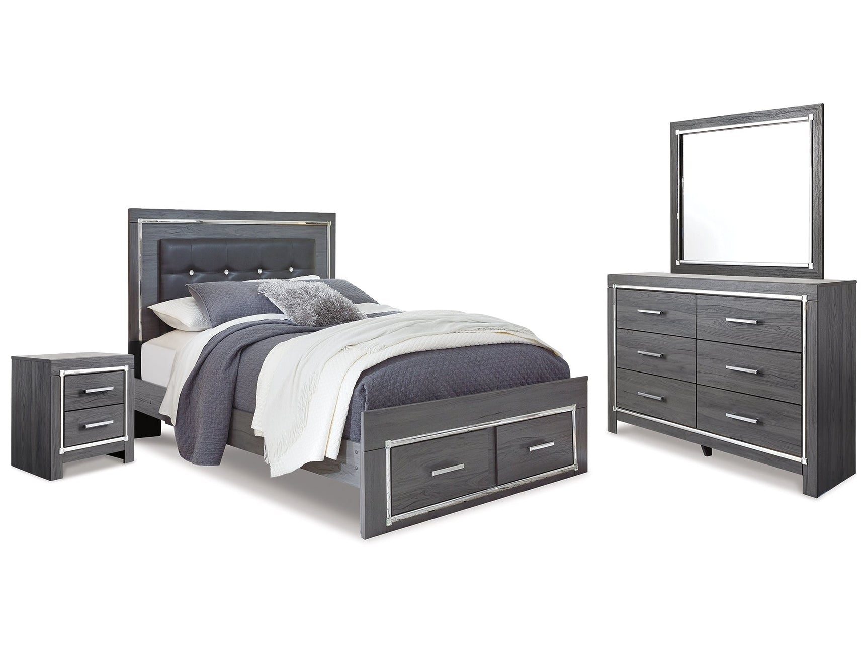 Lodanna Gray Queen Panel Storage Bedroom Set with Mirrored Dresser and Nightstand - Ornate Home
