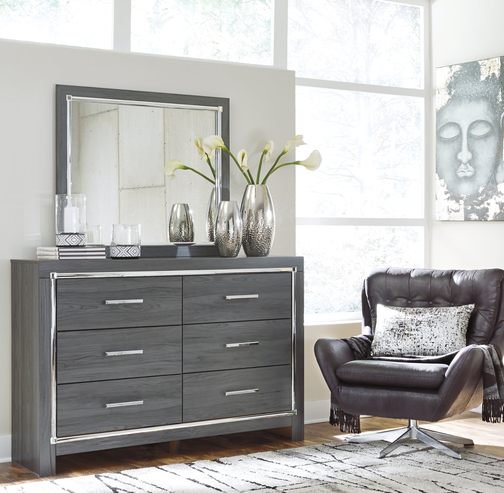Lodanna Gray Queen Upholstered Panel Bed, Dresser and Mirror (Online Special Price) - Ornate Home