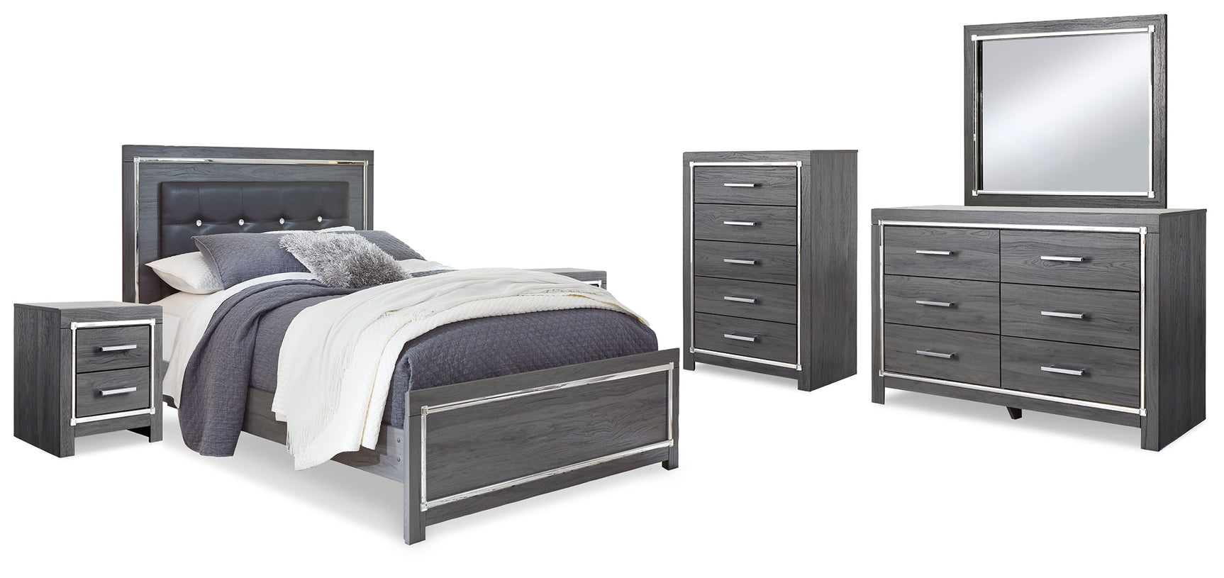 Lodanna Gray Queen Upholstered Panel Bedroom Set with Dresser, Mirror and 2 Nightstands (Online Special Price) - Ornate Home