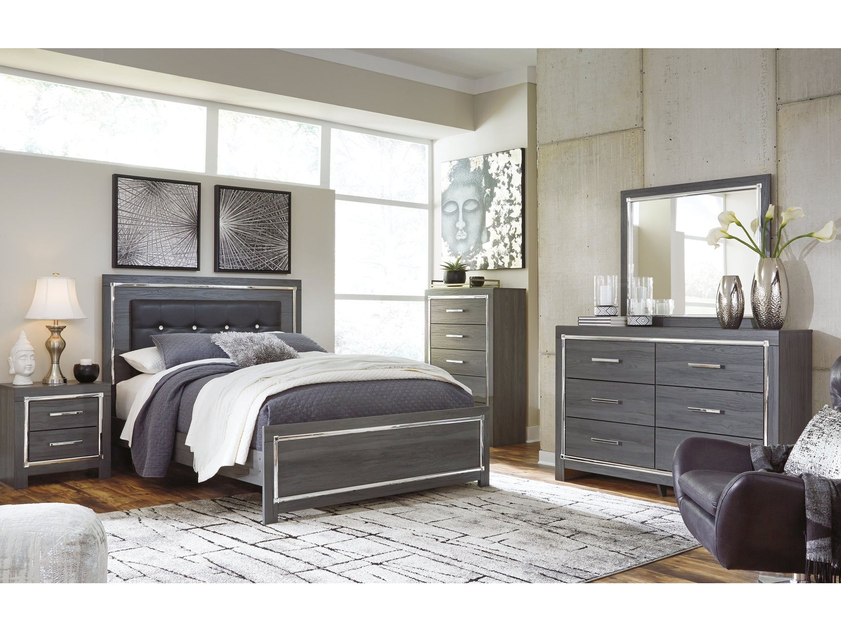 Lodanna Gray Queen Upholstered Panel Bedroom Set with Dresser, Mirror and 2 Nightstands - Ornate Home