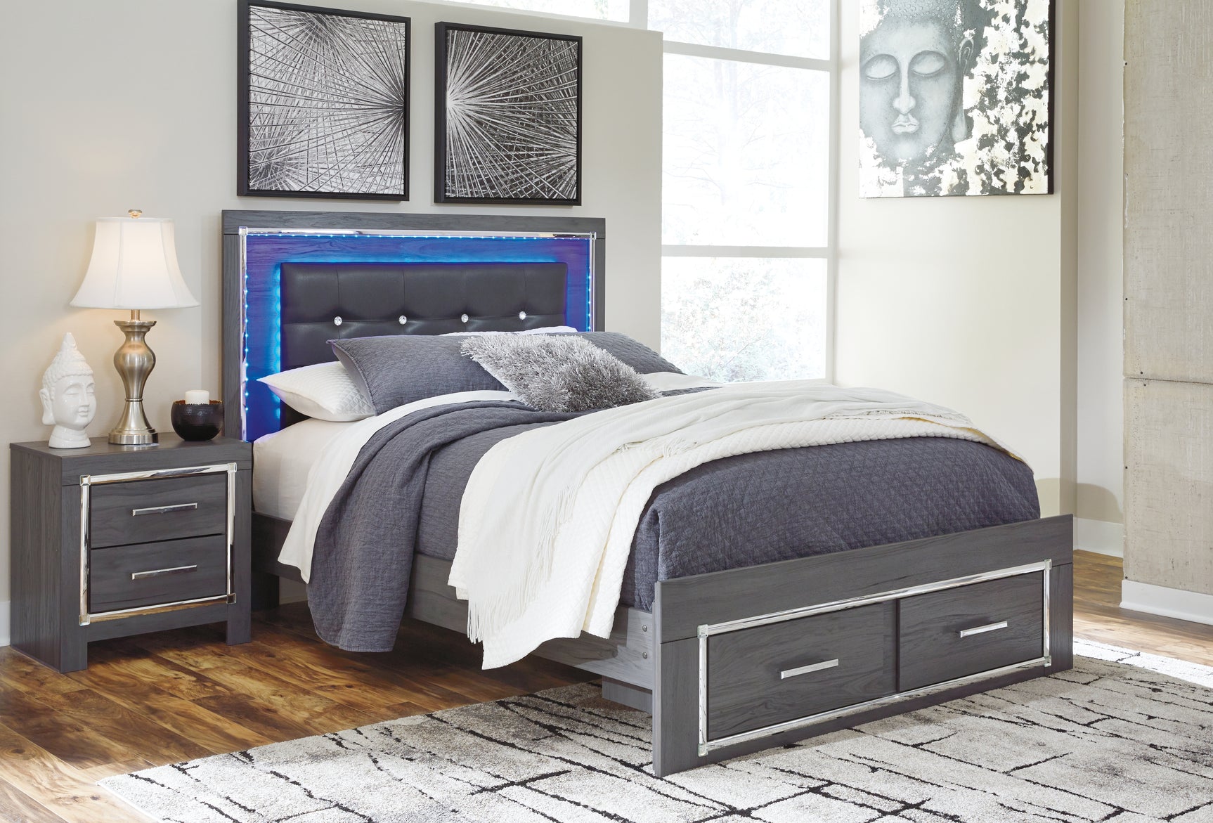Lodanna Gray Queen Upholstered Panel Bedroom Set with Dresser, Mirror and 2 Nightstands - Ornate Home