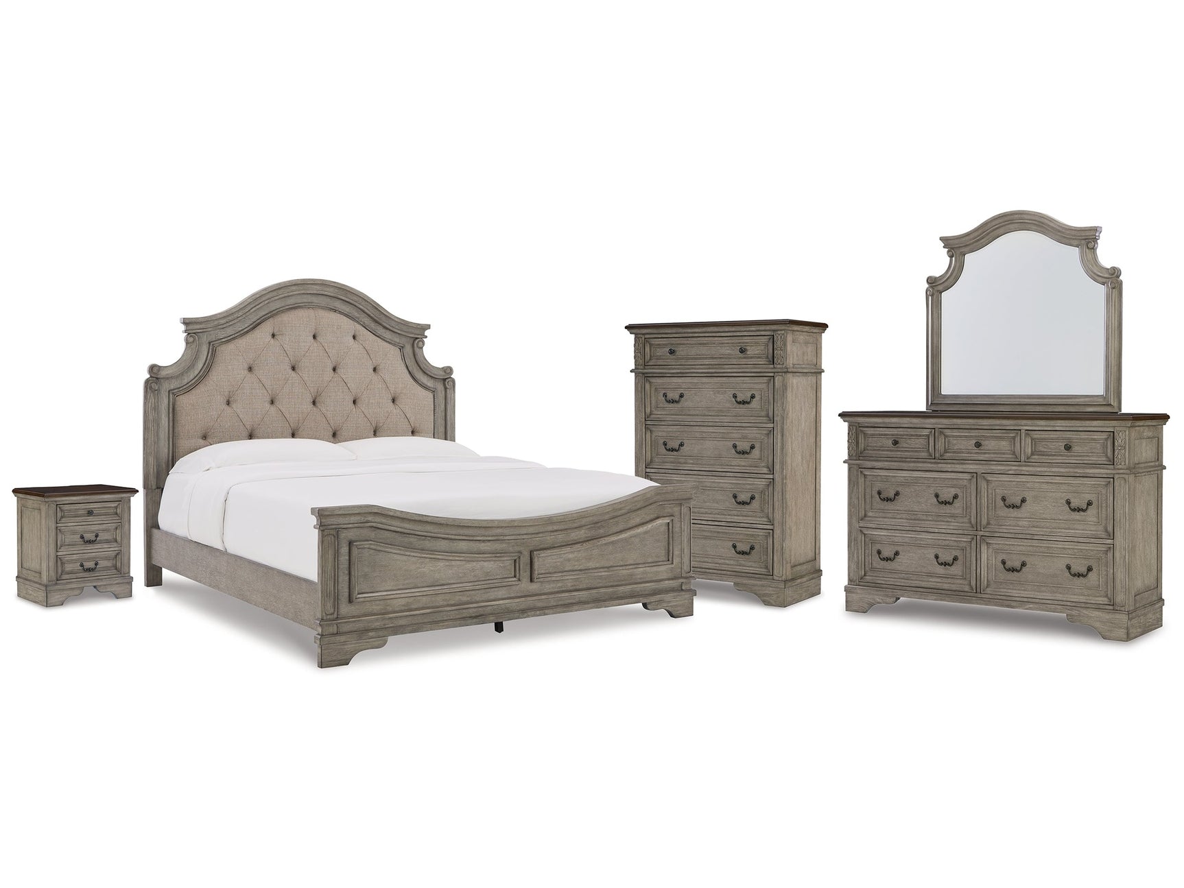 Lodenbay Antique Gray/Brown King Upholstered Panel Bed & Dresser & Mirror & Chest & Nightstand - Ornate Home
