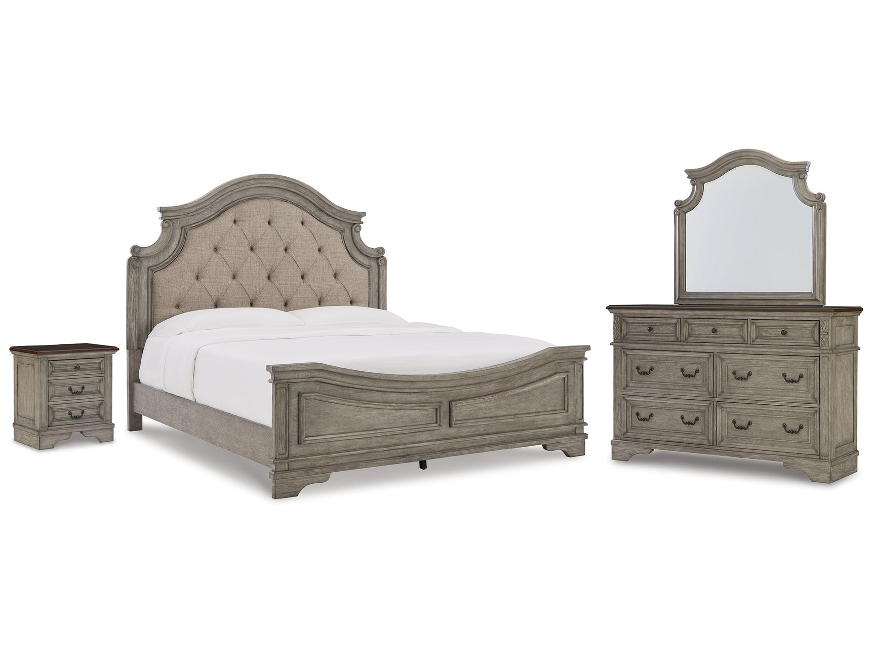 Lodenbay Antique Gray King Upholstered Panel Bedroom Set with Dresser, Mirror, and Nightstand - Ornate Home