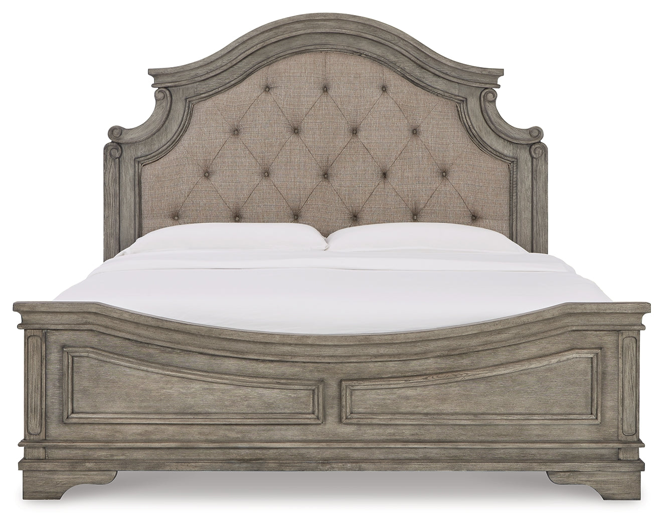 Lodenbay Antique Gray King Upholstered Panel Bedroom Set with Dresser, Mirror, and Nightstand - Ornate Home