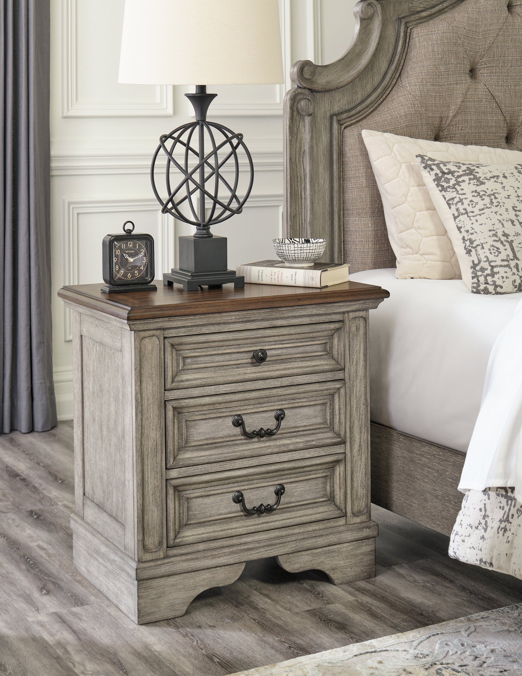 Lodenbay Antique Gray King Upholstered Panel Bedroom Set with Dresser, Mirror, and Nightstand - Ornate Home