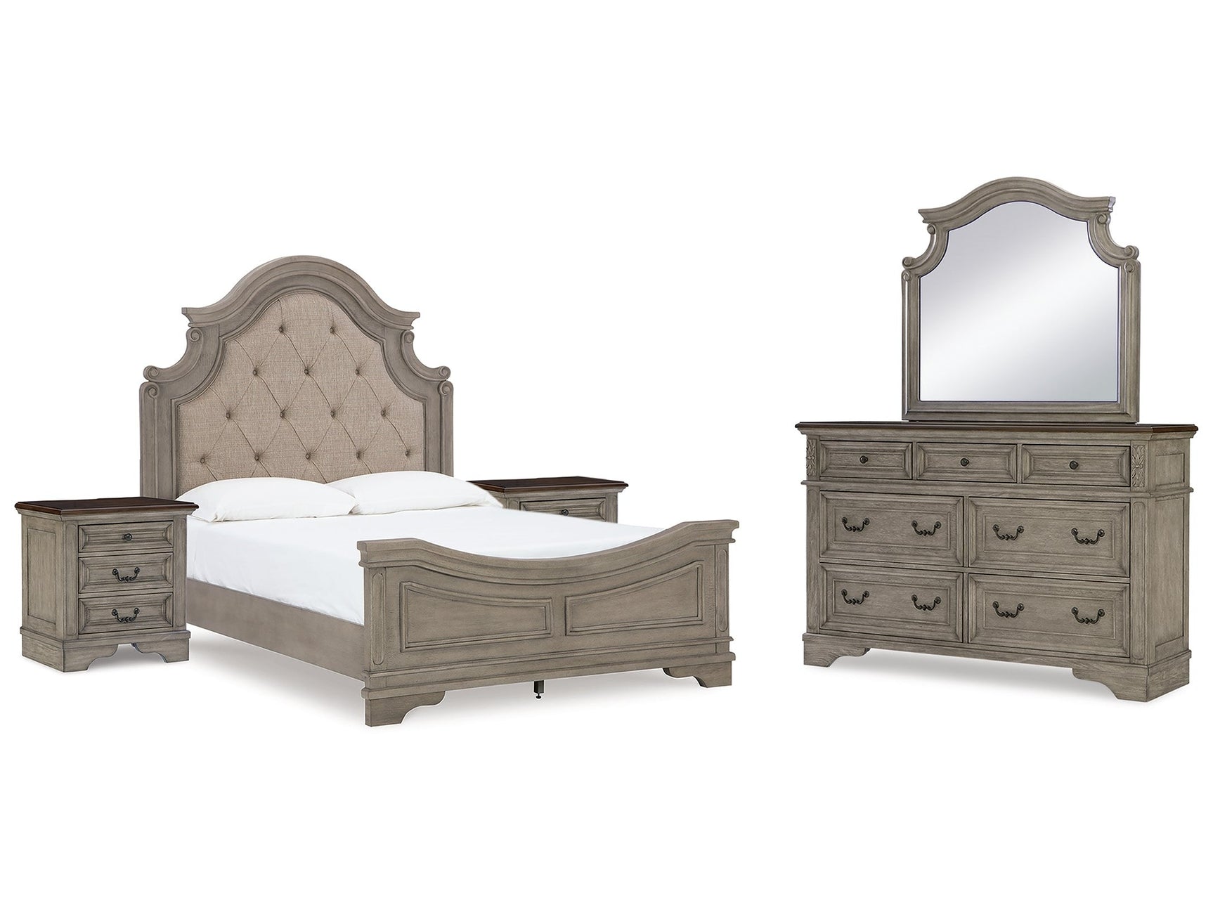 Lodenbay Queen Upholstered Panel Bedroom Set with Dresser, Mirror and 2 Nightstands - Ornate Home