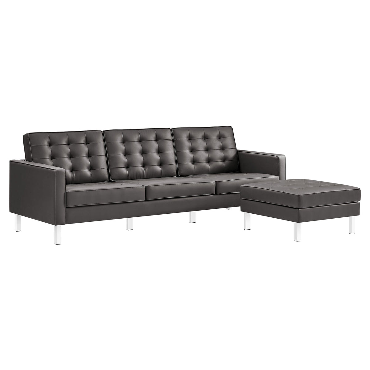 Loft Silver/Gray Tufted Vegan Leather Sofa and Ottoman Set - Ornate Home