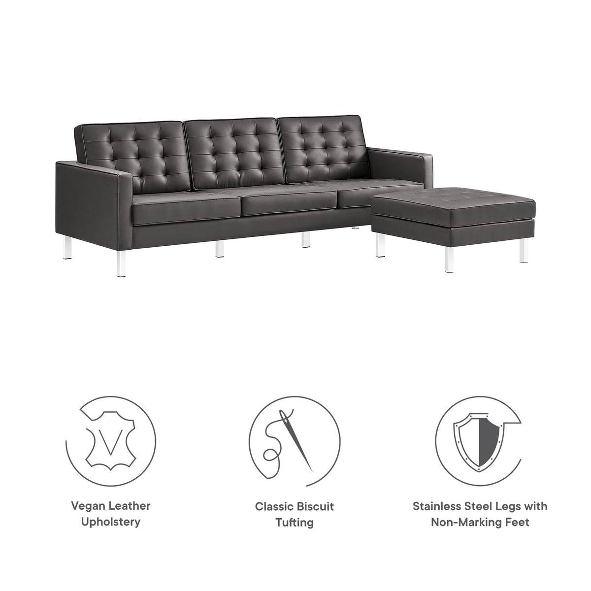 Loft Silver/Gray Tufted Vegan Leather Sofa and Ottoman Set - Ornate Home