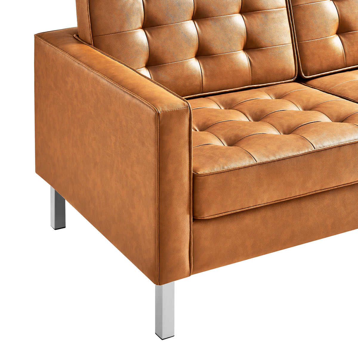 Loft Silver/Tan Tufted Vegan Leather Sofa - Ornate Home