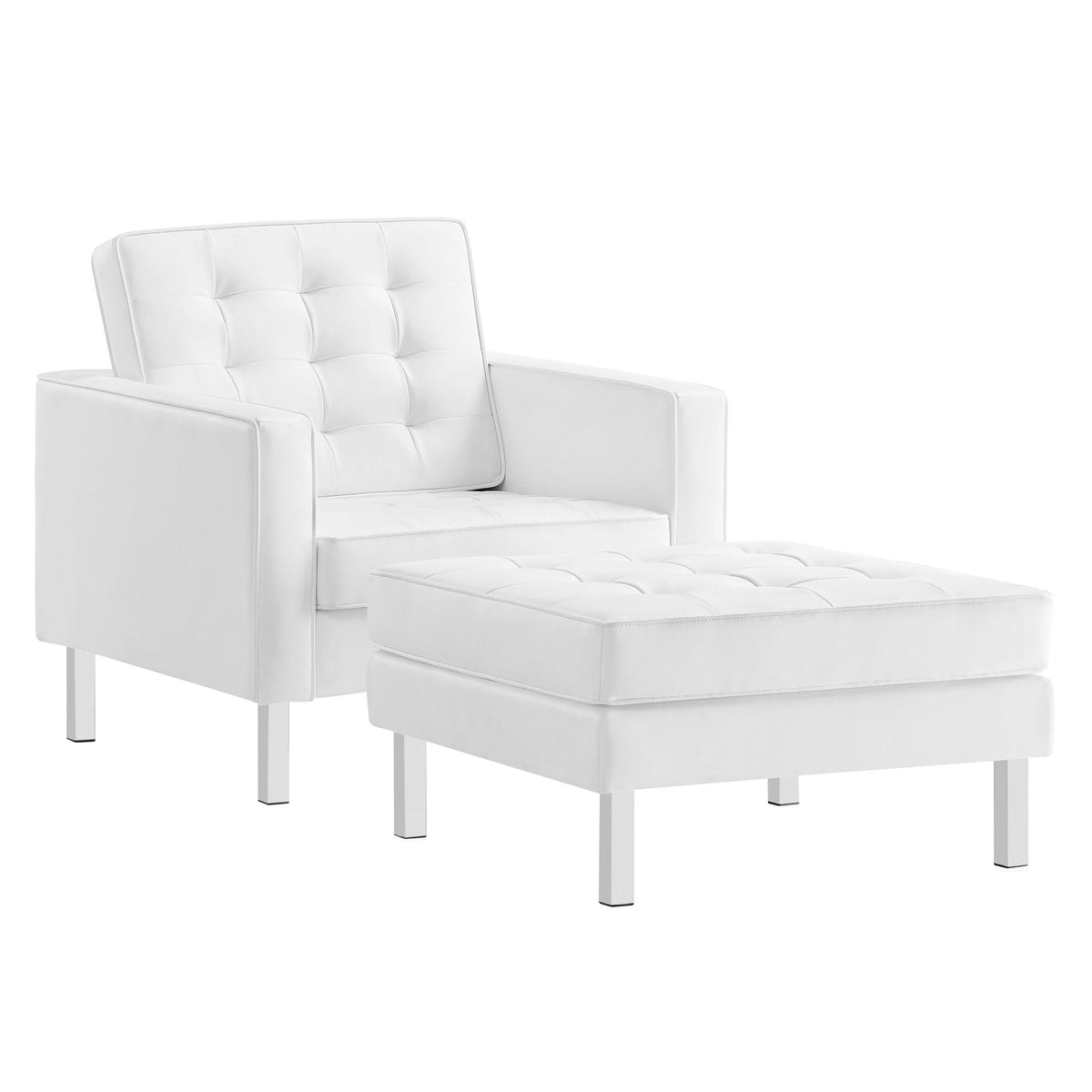 Loft Silver/White Tufted Vegan Leather Armchair and Ottoman Set - Ornate Home