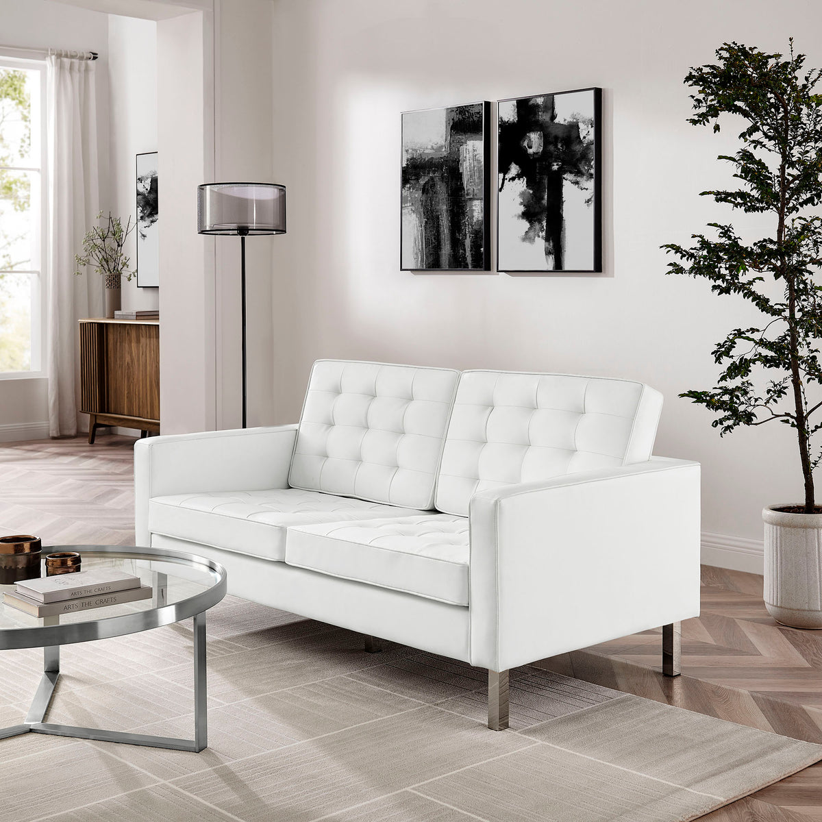 Loft Silver/White Tufted Vegan Leather Loveseat - Ornate Home