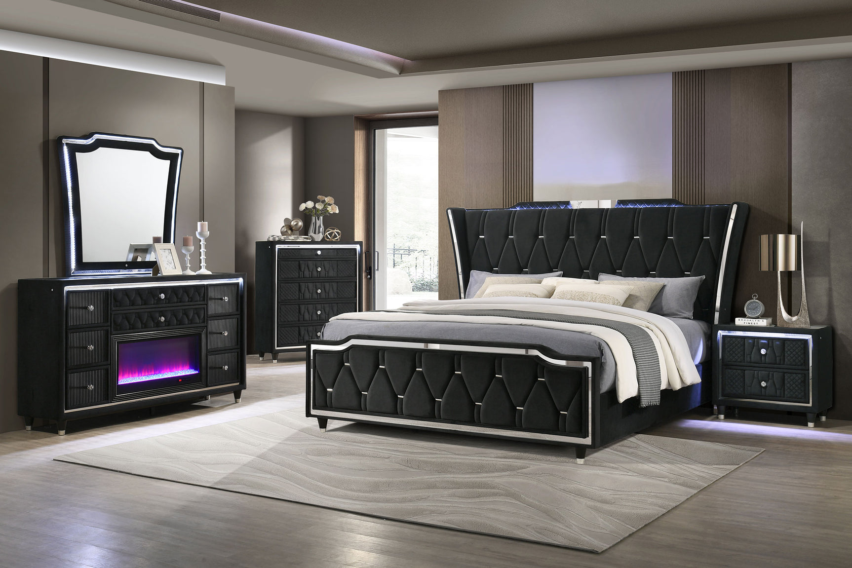 Lorient Black 2-drawer LED Nightstand with USB - Ornate Home