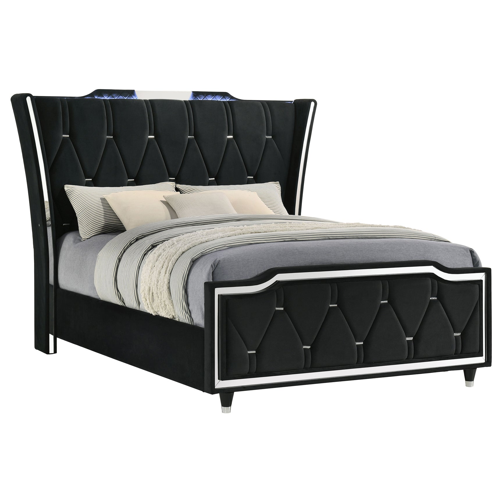 Lorient Black Queen LED Upholstered Wingback Bed - Ornate Home