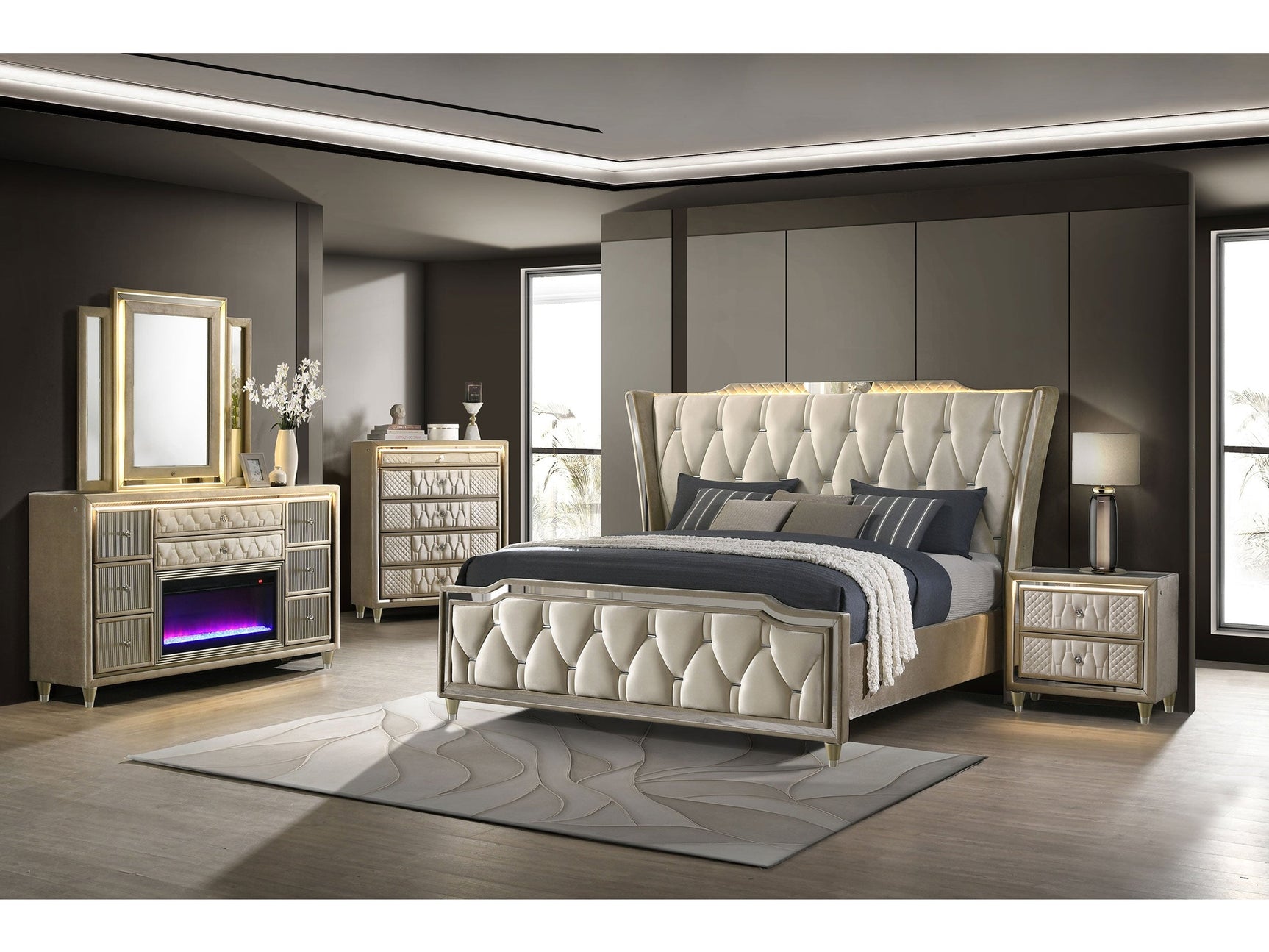 Lorient Ivory/Camel 5-piece Eastern King Bedroom Set - Ornate Home