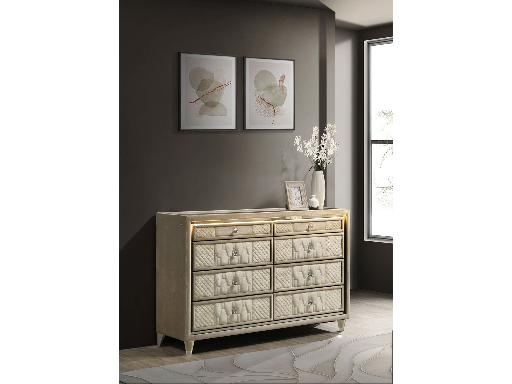 Lorient Ivory/Camel 8-drawer LED Bedroom Dresser Cabinet - Ornate Home