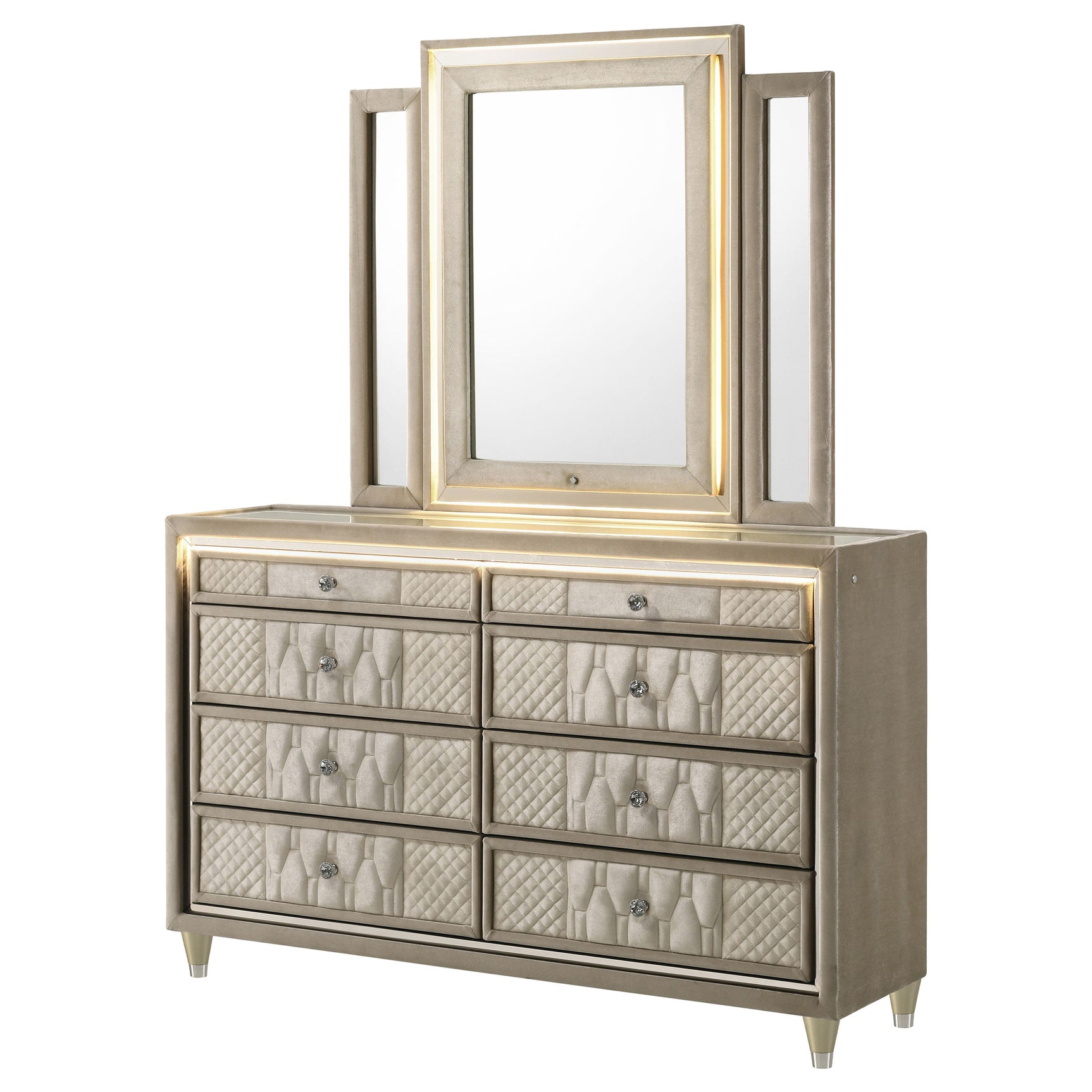 Lorient Ivory/Camel 8-drawer LED Dresser with Mirror - Ornate Home