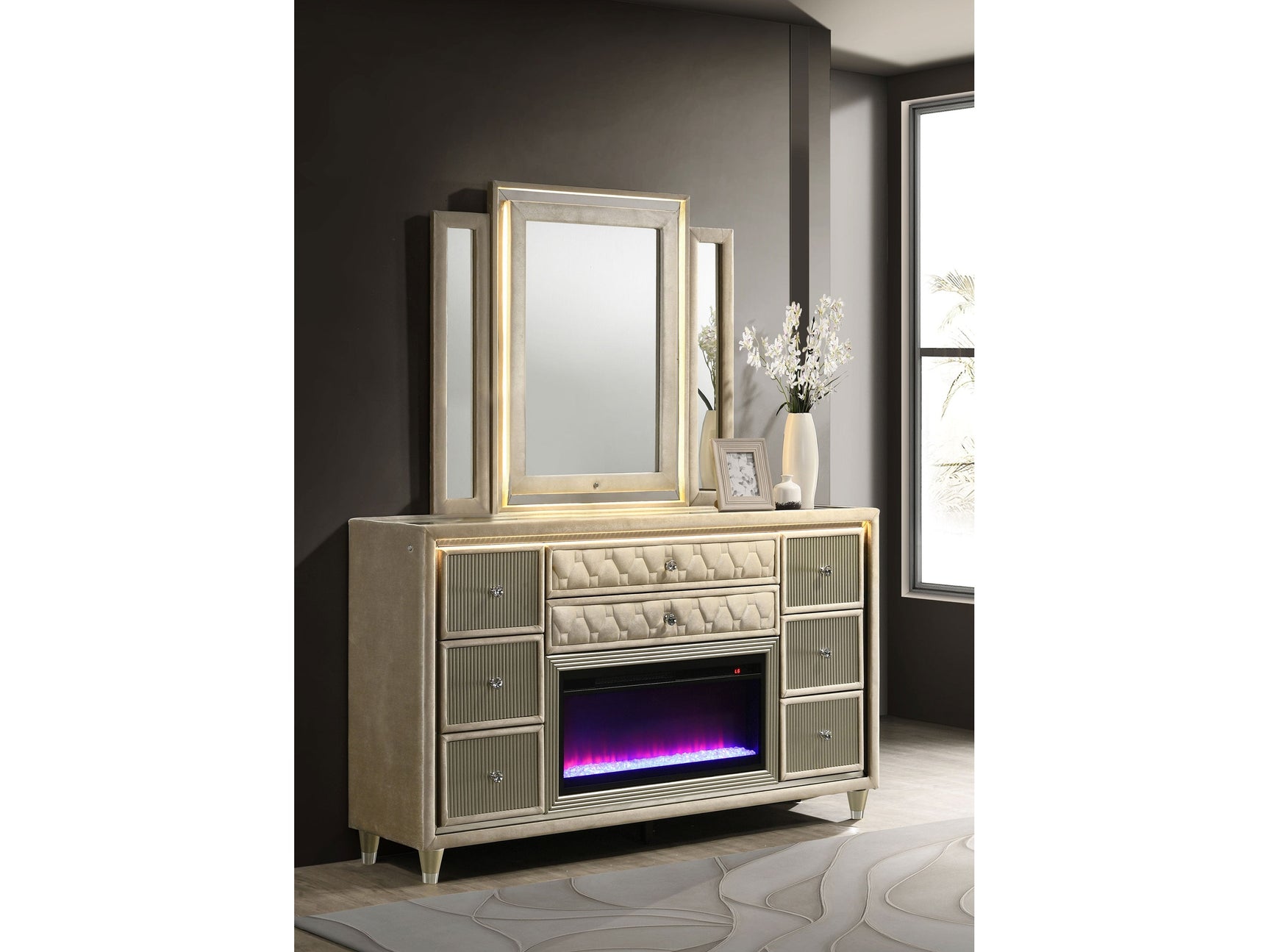 Lorient Ivory/Camel 8-drawer LED Flame Box Dresser and Mirror - Ornate Home