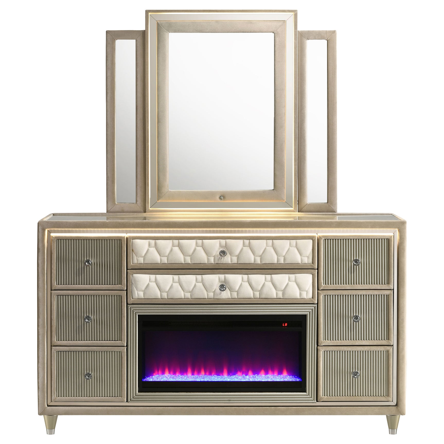 Lorient Ivory/Camel 8-drawer LED Flame Box Dresser and Mirror - Ornate Home