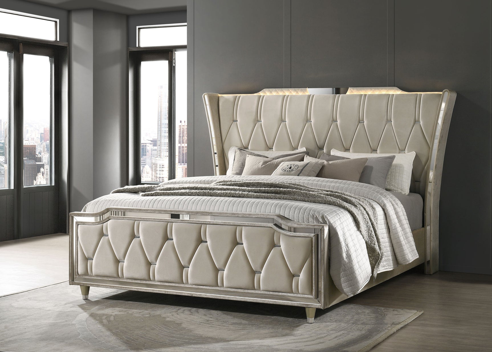 Lorient Ivory/Camel California King LED Upholstered Bed - Ornate Home