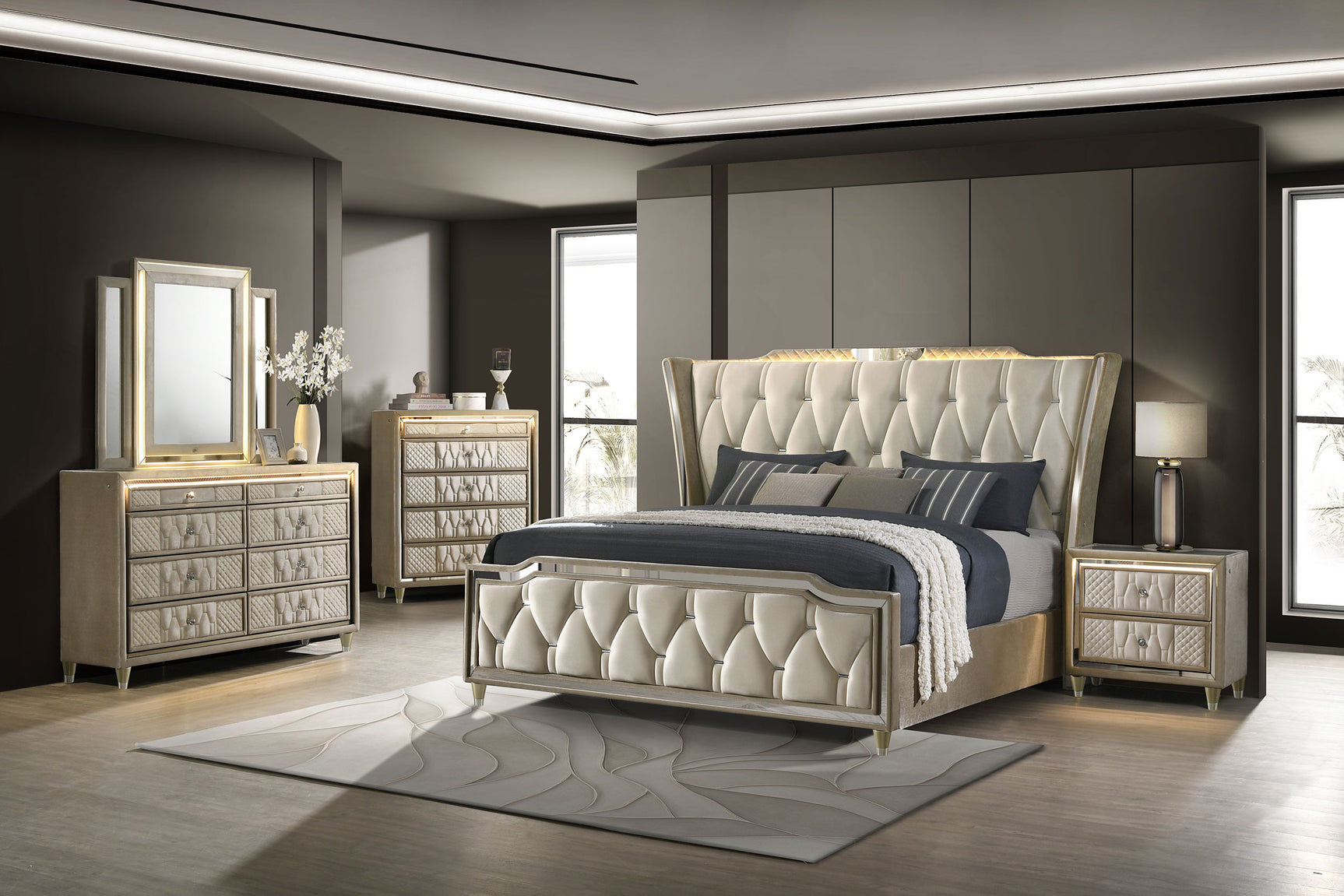 Lorient Ivory/Camel California King LED Upholstered Bed - Ornate Home