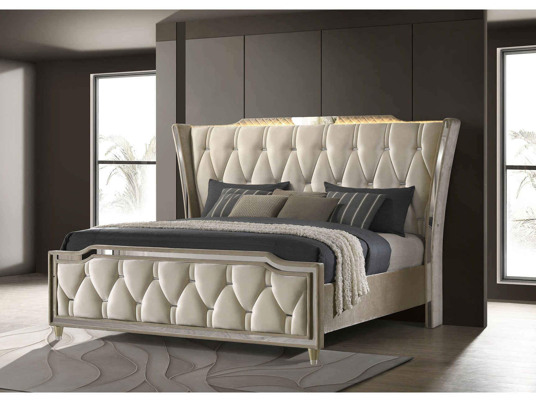 Lorient Ivory/Camel Eastern King LED Upholstered Bed - Ornate Home