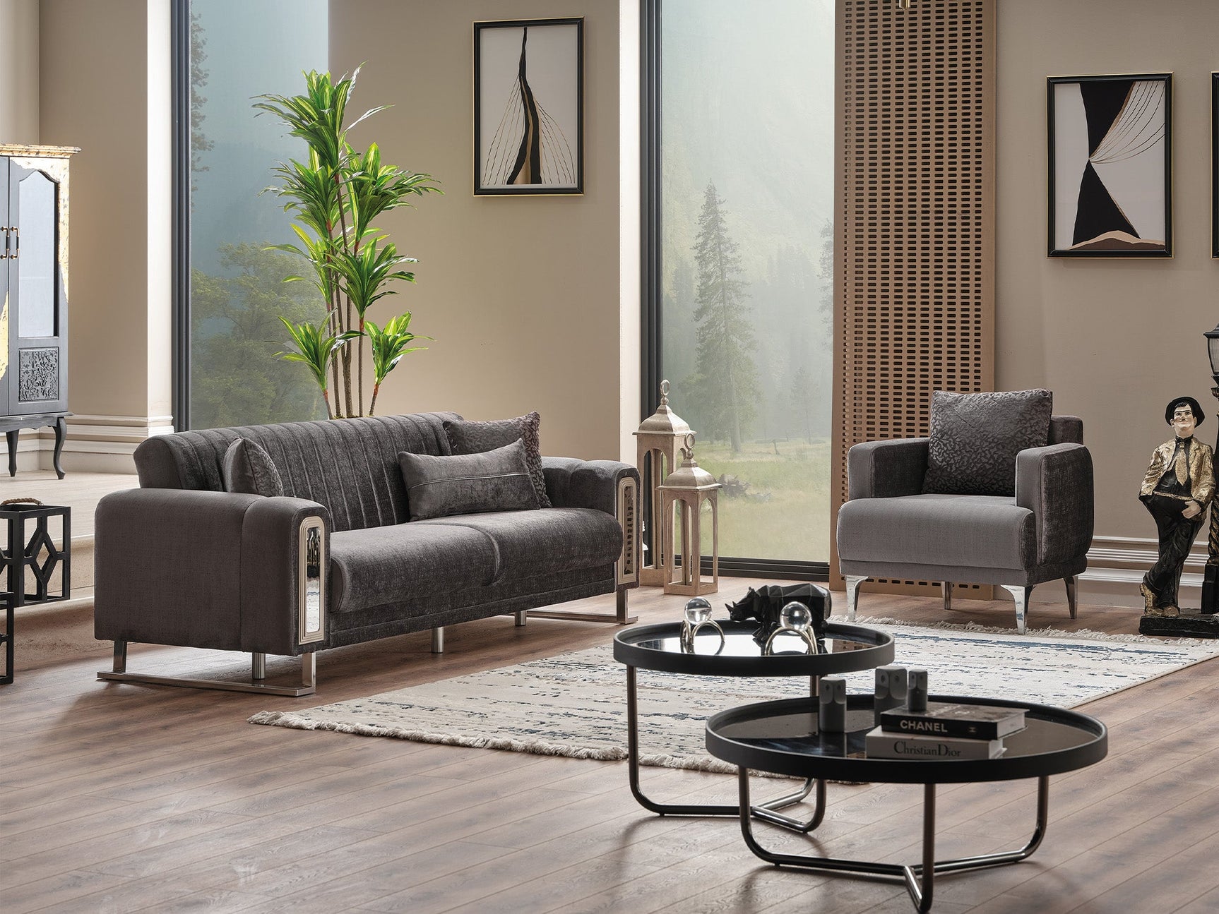 Lotus Grey 3-pieces (Sofa & Loveseat & Chair) Living Room Set