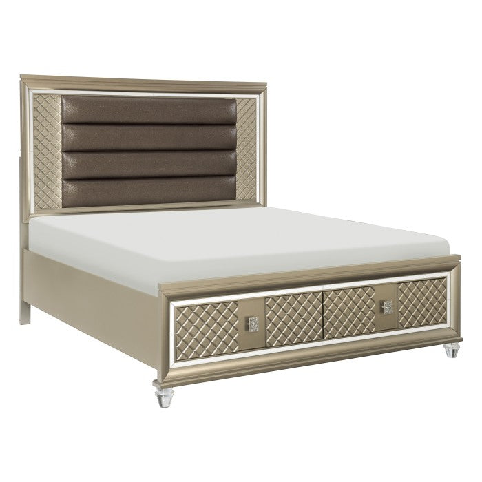 Loudon Champagne Queen Platform Bed With Led Lighting And Storage Footboard - Ornate Home