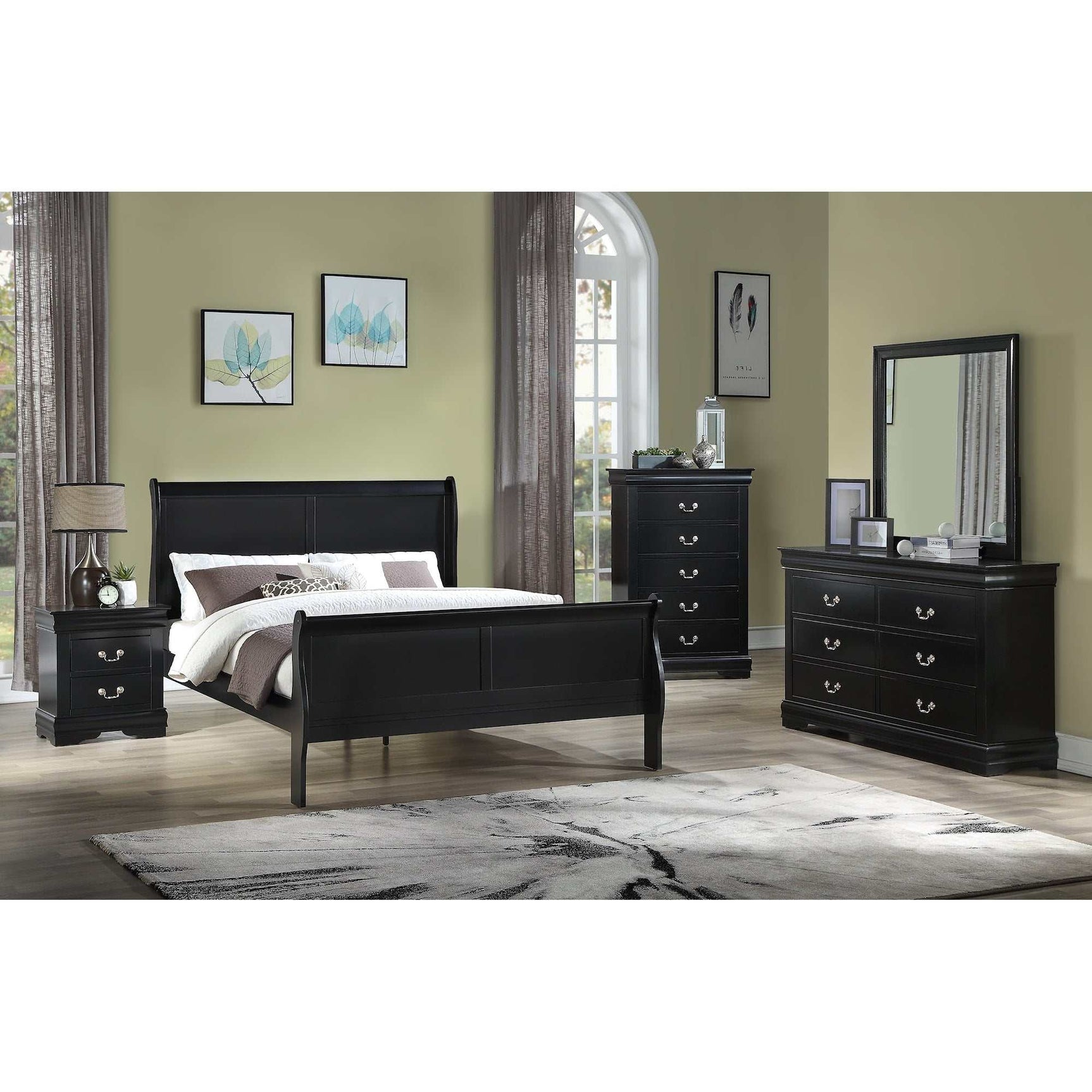 Louis Philip Black King Sleigh Bed w/ Pluma Mattress & Mia-Lynn Box Spring - Ornate Home