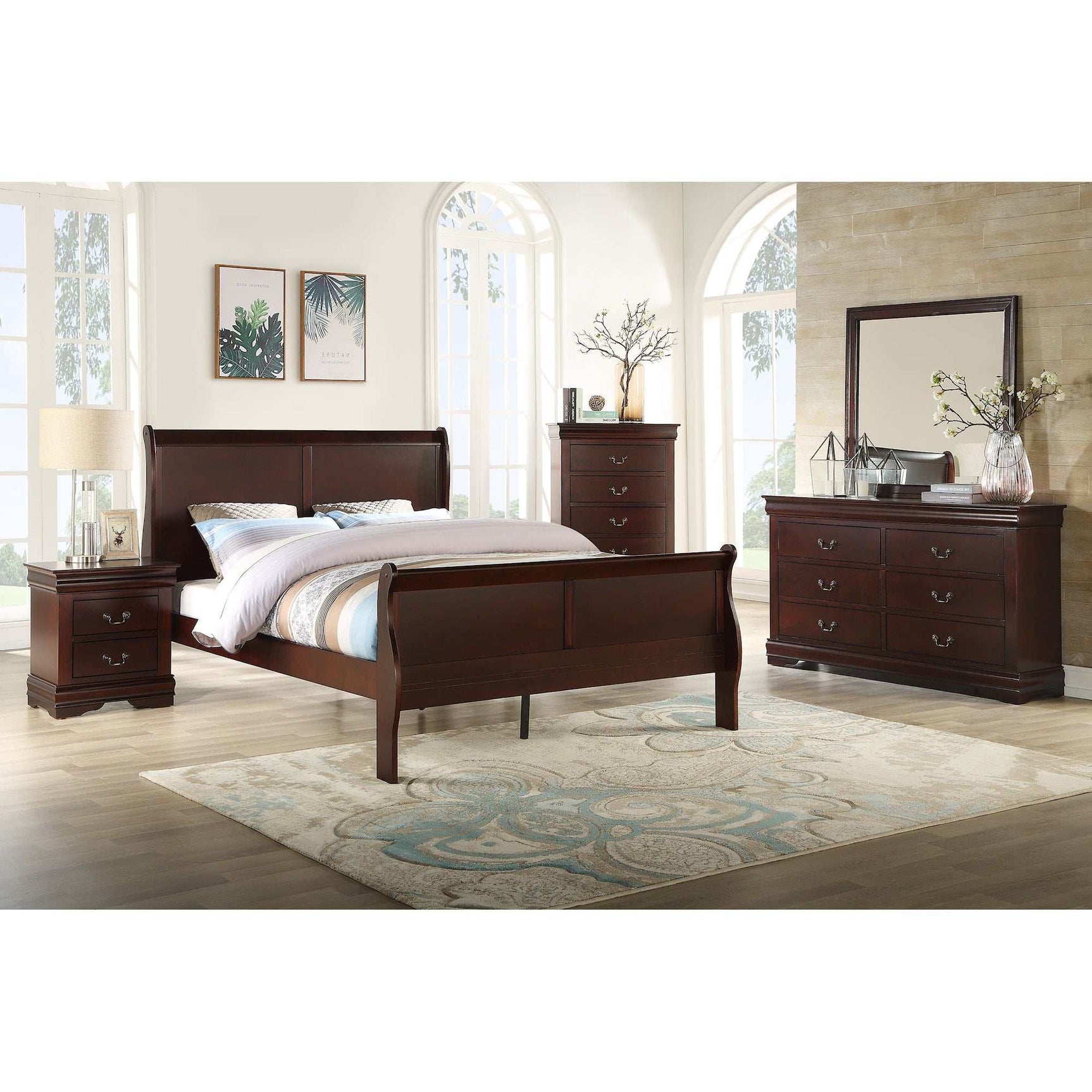 Louis Philip Cherry King Sleigh Bed w/ Pluma Mattress & Mia-Lynn Box Spring - Ornate Home